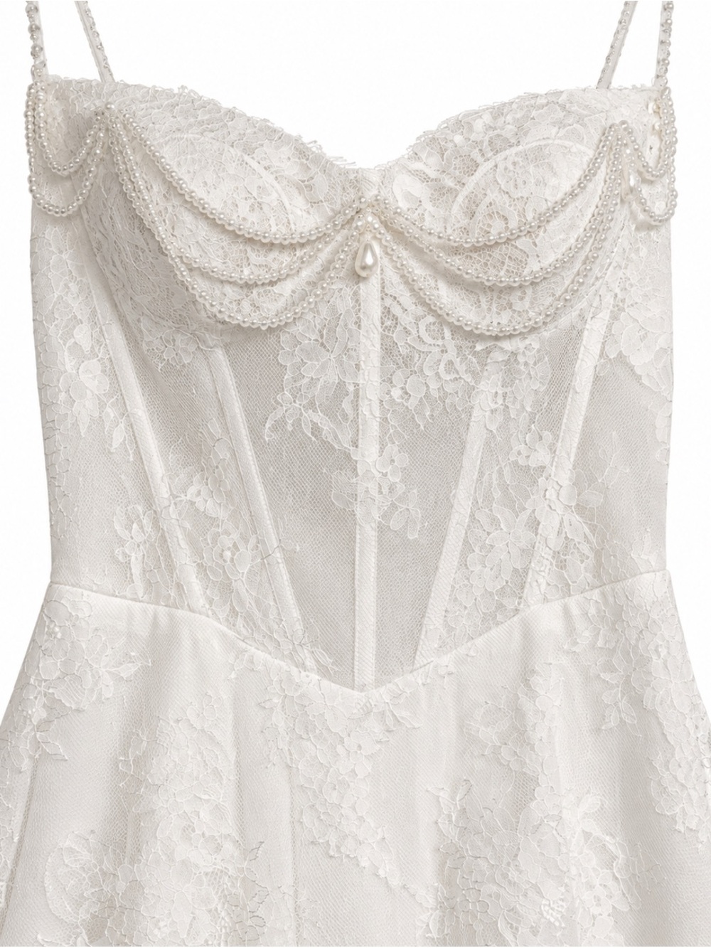Ivory Lace Pearl-Detail Spaghetti Strap Wedding Dress